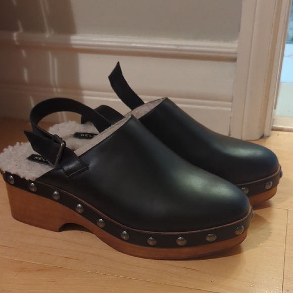 Kelsi Dagger Shoes - Stylish Black Leather Mules with Wooden Heel